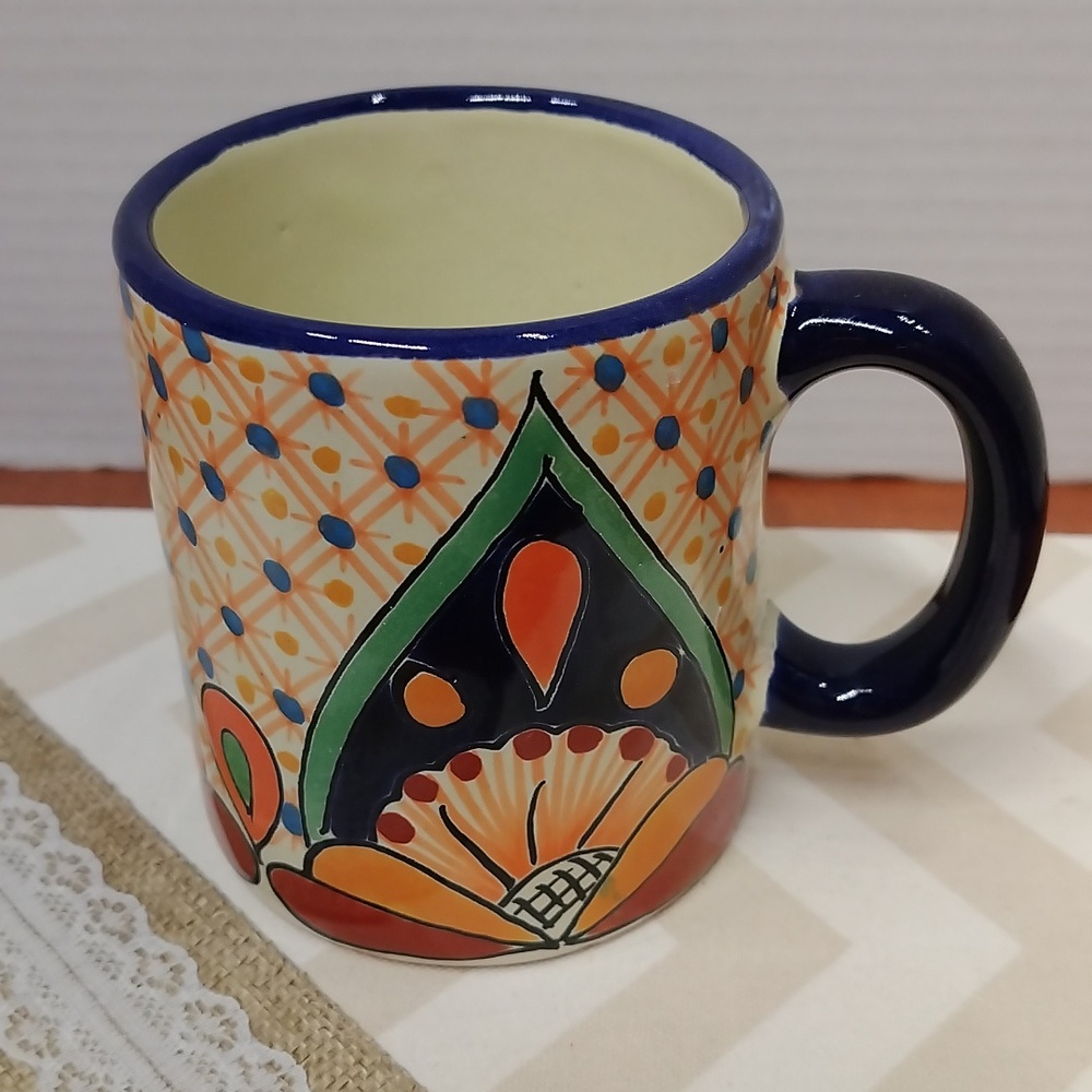 Colorful Mexican Talavera Mug with Floral Design. 12 oz.